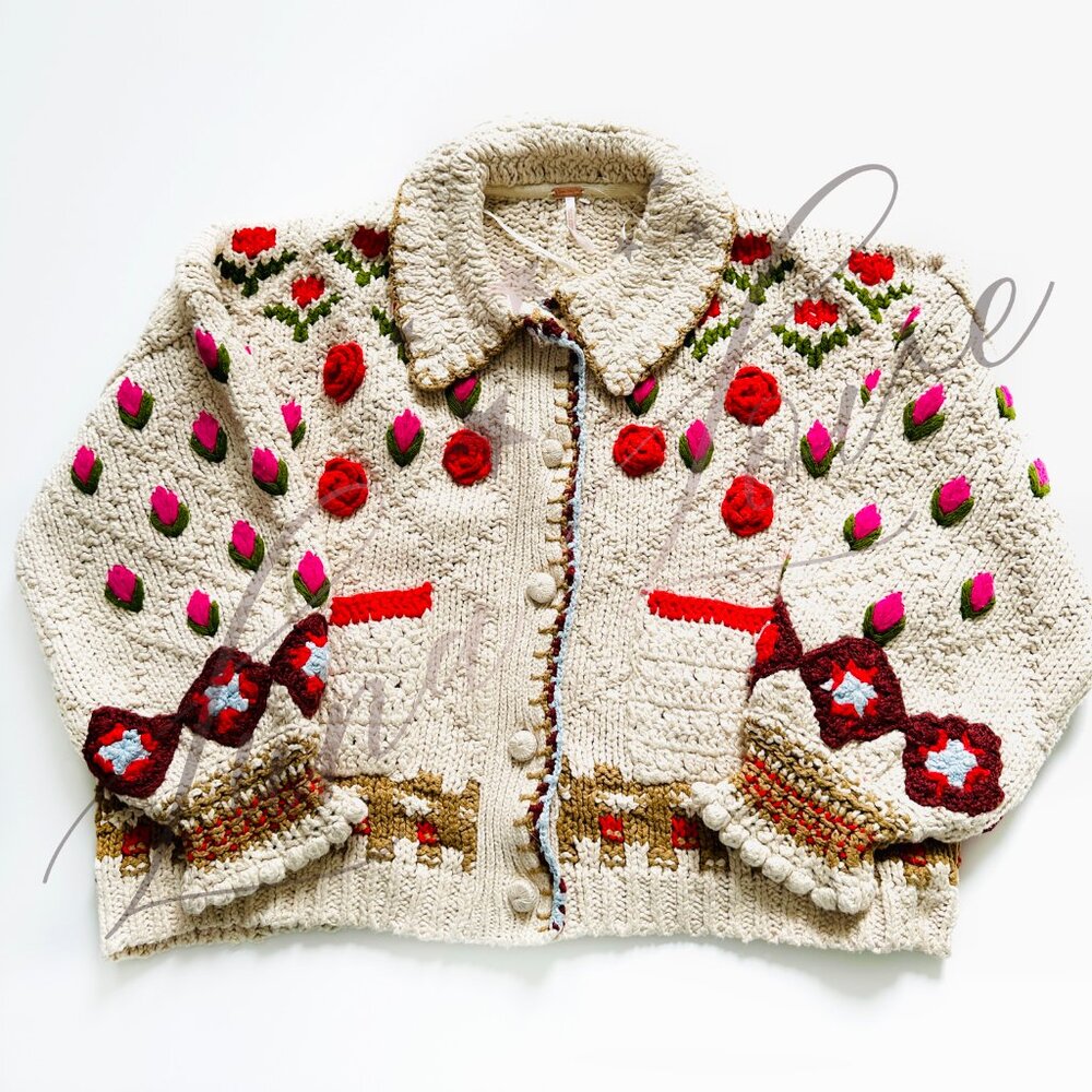 FREE PEOPLE Rosebud Cardigan Knit Embroidered Sweater (size S) NWOT - Picture 3 of 14